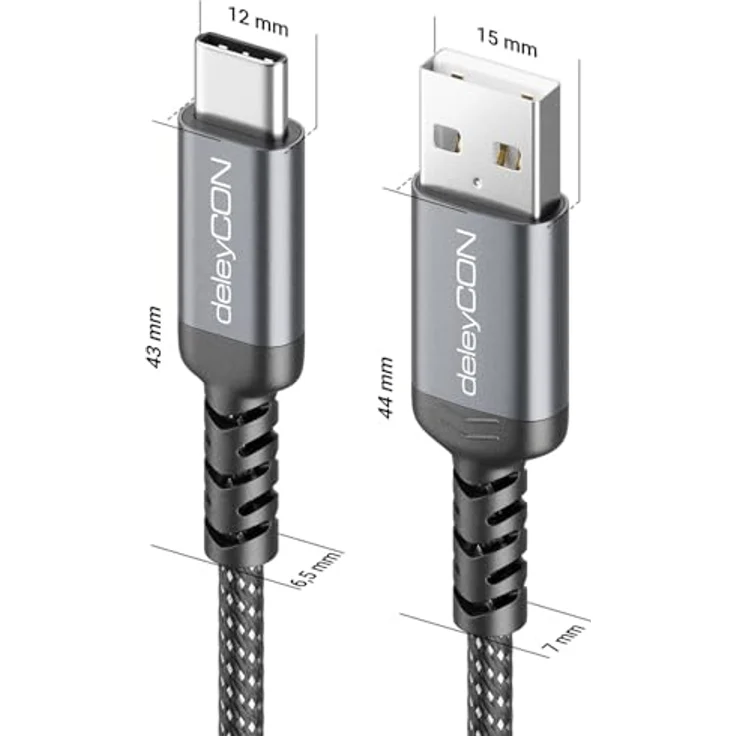 deleyCON 1,5m USB-A auf USB-C Kabel, 18W Schnellladefunktion bis zu 3A, Nylon Kabelmantel mit Knickschutz, für iPhone 17/16 Pro Max, Galaxy S23/S24, Pixel, iPad Pro, PS5 – Bild 2