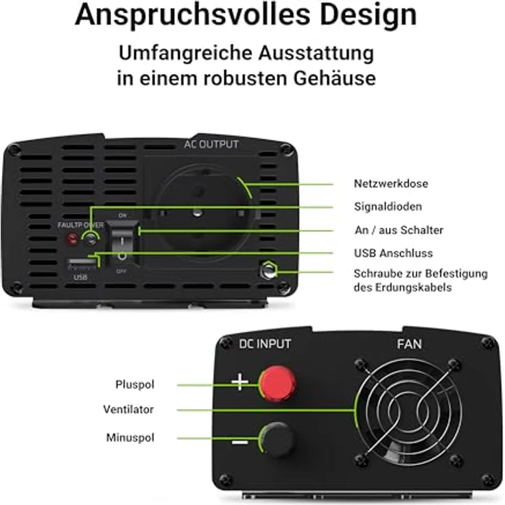 Green Cell PC-Netzteil, Wechselrichter 12 V - 1000 Watt, Schwarz – Bild 5