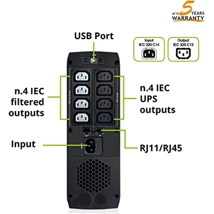 Tecnoware USV EXA PLUS 1000 Unterbrechungsfreie Stromversorgung für PC-GAMING und KONSOLE, Hohe Geräuschlosigkeit, 8 IEC-Ausgänge, Autonomie bis zu 50 min, Leistung 1000 VA – Bild 4