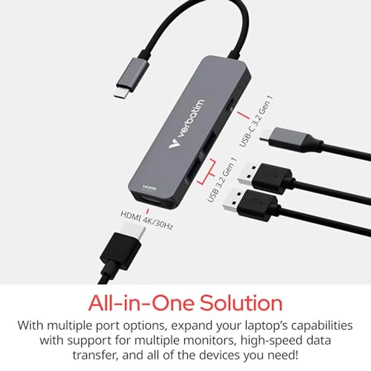 Verbatim USB-C Essentials Multiport Hub, 4 Ports: 1 x USB-A 2.0, 1 x USB-A 3.0/3.2 Gen 1, 1 x USB-C 3.0/3.2 Gen 1 mit 4K HDMI und bis zu 100W Power Delivery – Bild 5