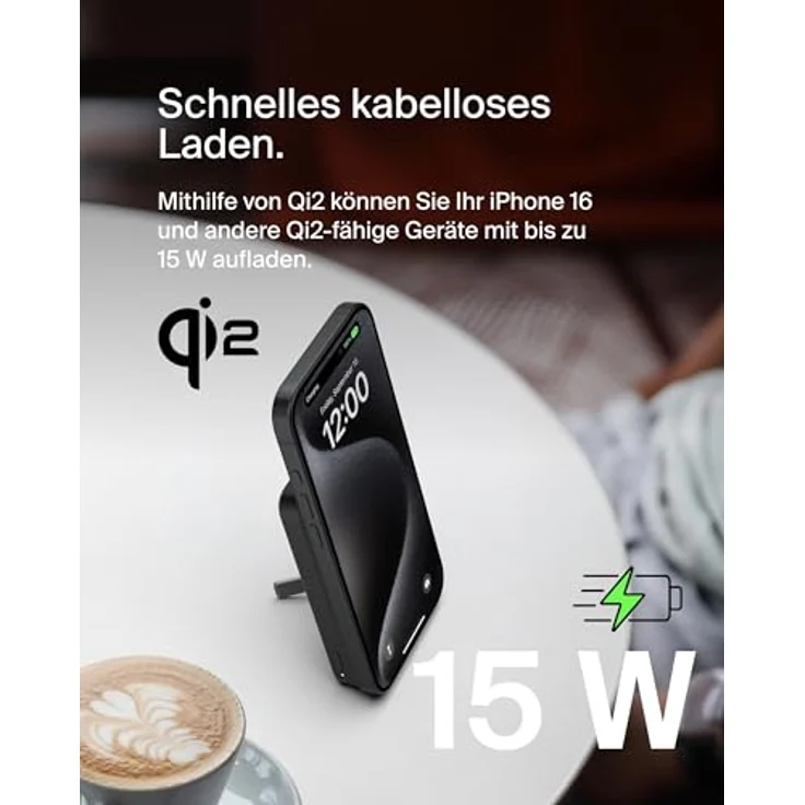 Belkin BoostCharge Pro, kabellose Powerbank 5000mAh mit Qi2, MagSafe-kompatibel, integrierter Ständer, passend für iPhone 16, 15, 14, 13, 12 – Schwarz – Bild 2