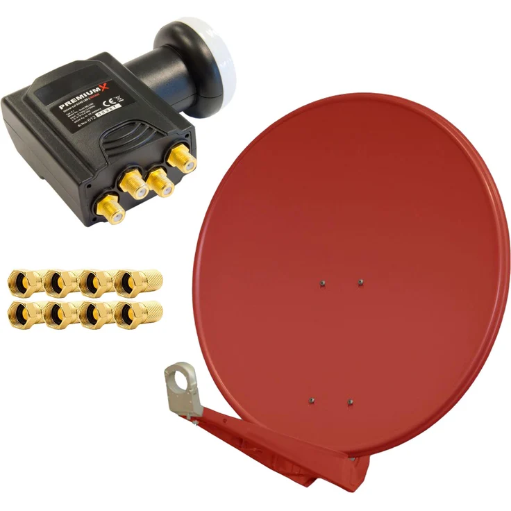 PremiumX DELUXE80 Satellitenanlage, 80cm Aluminium Antenne in Ziegelrot, Quad LNB mit 4 Ausgängen, 8x F-Stecker