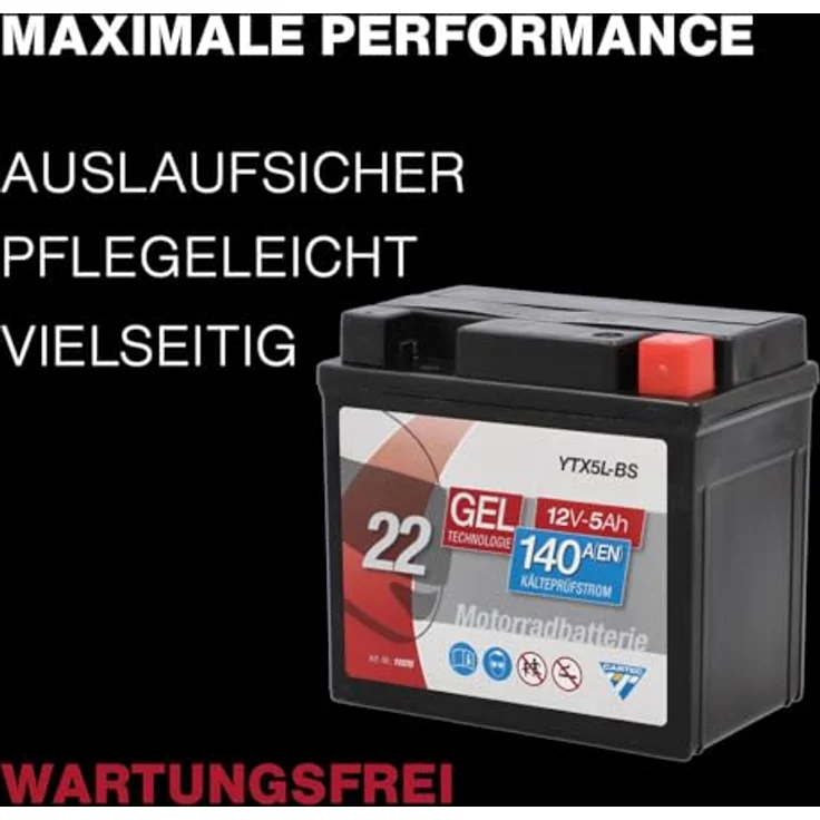 CARTEC YTX5L-BS Motorradbatterie, 5Ah, 140A, Gel-Technologie, wartungsfrei, zyklenfest, schwarz – Bild 6