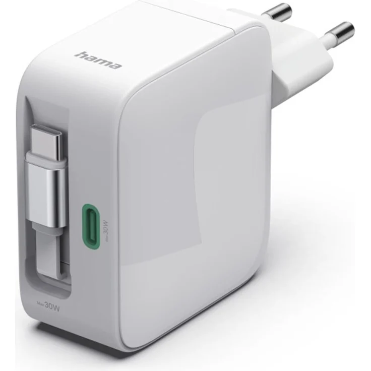 Hama Schnellladegerät GaN, 65 W mit 2x USB-C, ausziehbarem Ladekabel und Power Delivery 3.0, Weiß