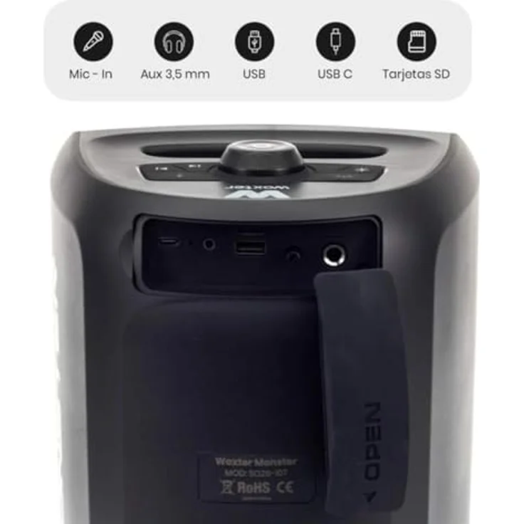 Woxter Monster Tragbarer Bluetooth-Lautsprecher mit Karaoke-Funktion, RGB, 2000-mAh-Akku, 60 W, Bluetooth 5.3, Mikrofon IN, Micro-SD, AUX und USB, schwarz – Bild 4