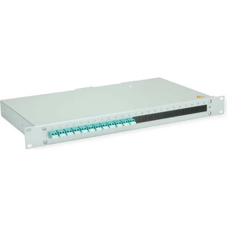 Telegärtner BASIS LWL-Panel, 1HE Rangierverteiler mit 12x LC Duplex Kupplungen, türkis, OM3, spleißfertig mit Pigtails, Grade C