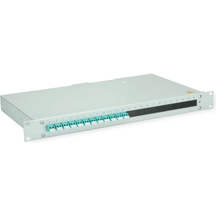Telegärtner BASIS LWL-Panel, 1HE Rangierverteiler mit 12x LC Duplex Kupplungen, türkis, OM3, spleißfertig mit Pigtails, Grade C