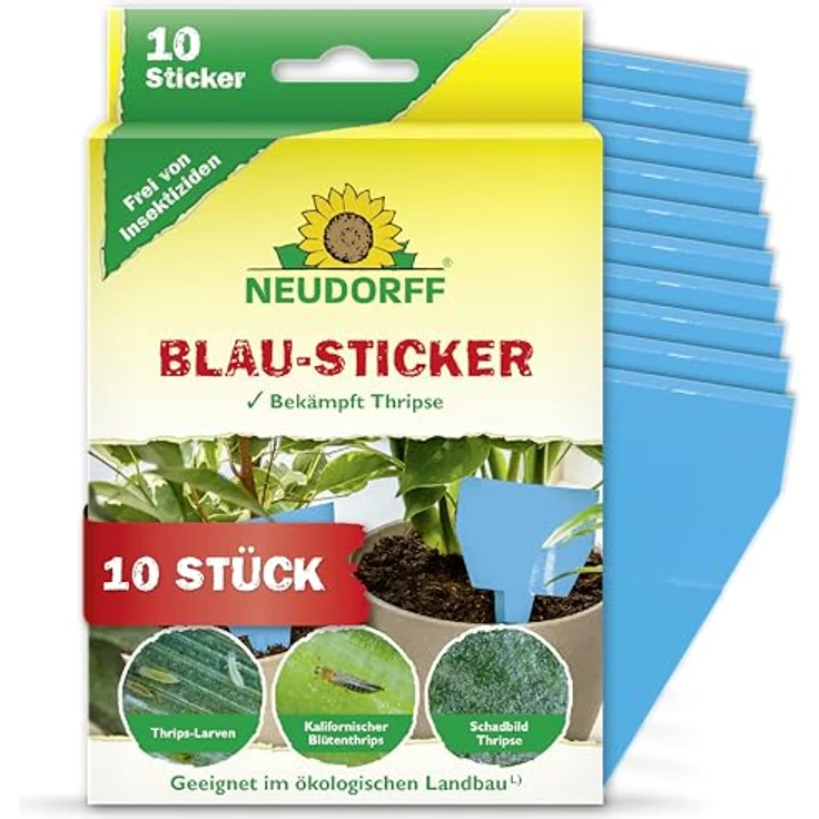 Neudorff Blau-Sticker, Klebefallen gegen Thripse und fliegende Schädlinge, geruchlos, insektizidfrei, 10 Stück – Bild 1
