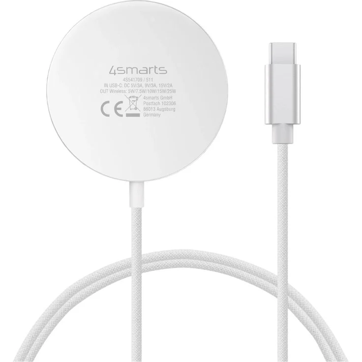 4smarts Kabelloses Ladegerät (25 W), Qi2-zertifiziertes Wireless Charger mit 1,5 m Kabel und USB-C Netzteil, Weiss, Silber