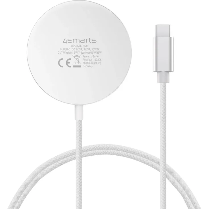 4smarts Kabelloses Ladegerät (25 W), Qi2-zertifiziertes Wireless Charger mit 1,5 m Kabel und USB-C Netzteil, Weiss, Silber