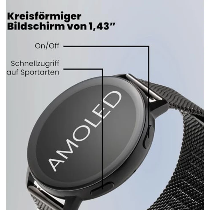 SPC Smartee Duo Classic, Smartwatch schwarze Uhr mit 1,43" AMOLED-Display, Bluetooth-Anrufen, 8 Tagen Akkulaufzeit, 100 Sportarten, IP68, austauschbarem Metallarmband – Bild 3