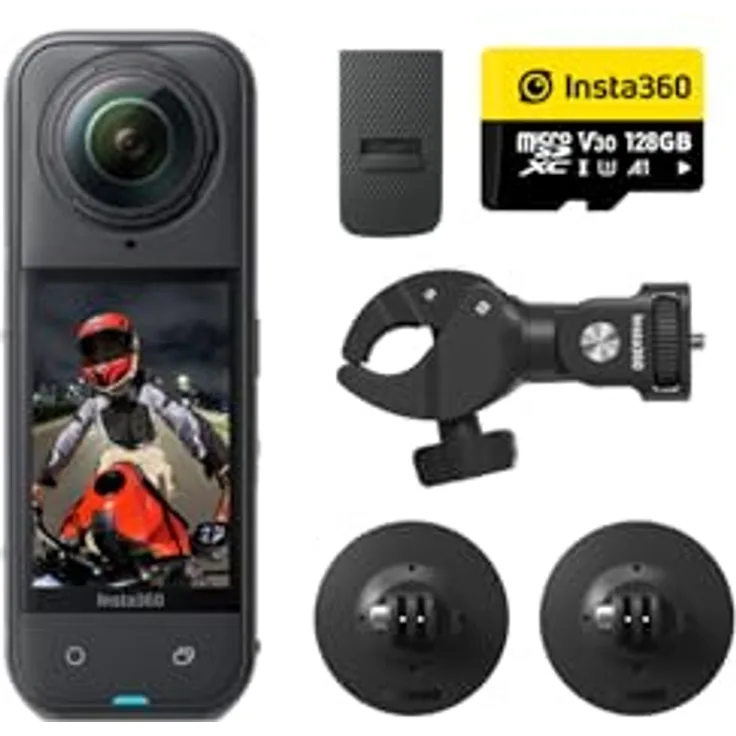 Insta360 X5 Motorcycle Bundle, Action Cam mit 1/1,28”-Sensoren, 360°-Videos, Bluetooth, WLAN, Schwarz