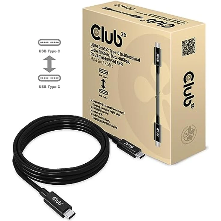 Club 3D CAC-1578 USB4 Gen3x2 Type-C Bi-Direktional Kabel 8K60Hz 40Gbps PD 240W(48V/5A) EPR St/St 2m – Bild 2