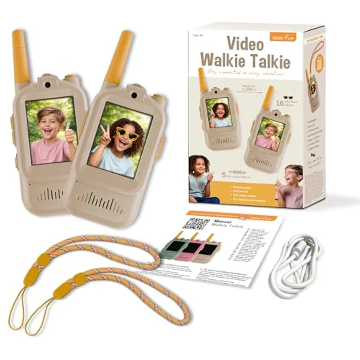 Zazu Walkie Talkie Video Spielzeug für Kinder, taupe, 2,0-Zoll-Videobildschirm, 300m Reichweite, USB-aufladbar