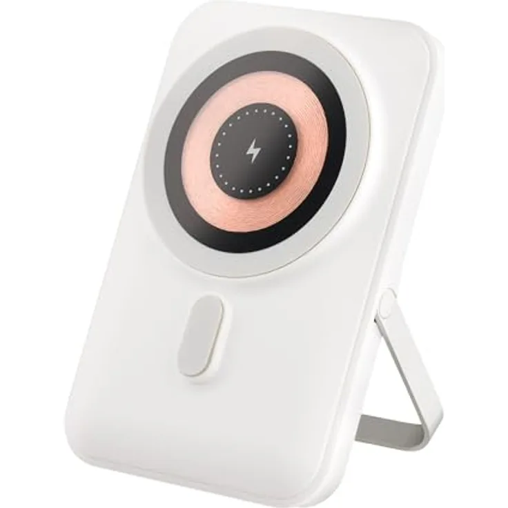 Qualo Power Bank 10000mAh, Induktive Schnellladestation mit 15W, Kabellos und Kompakt, Weiß, mit integriertem Ständer und LED Anzeige