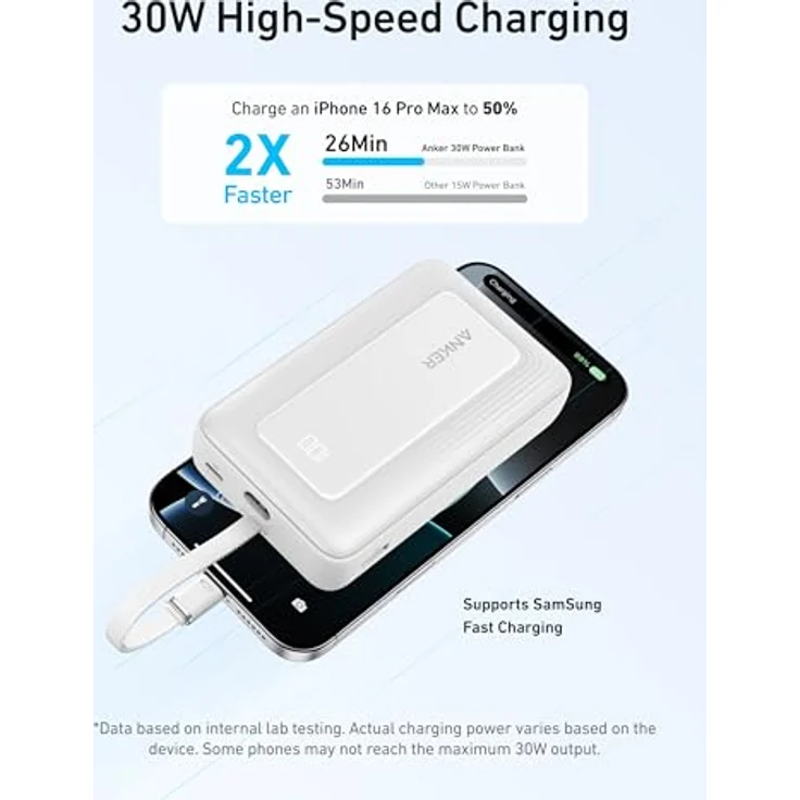 Anker Power Bank, Powerbank 20000mAh 30W mit integriertem USB-C Kabel, Schnellladefunktion, ActiveShield 2.0-Technologie - Schwarz – Bild 3