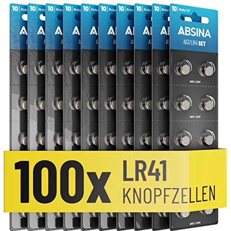 ABSINA AG3 LR41 Knopfzelle 100er Pack - 1,5V Alkaline Knopfzellen auslaufsicher & mit langer Haltbarkeit - LR736 / L736 / G3 / G3A / 3GA / 192 / GP192 / V3GA / RW87 - Knopfbatterien Batterien Batterie – Bild 1