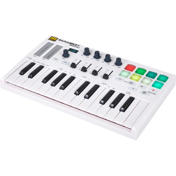 Miditech Garagekey Groove II, USB Midi-Controller mit 25 anschlagdynamischen Minitasten, 8 RGB-Pads, 4 Fadern, Arpeggiator und OLED-Display