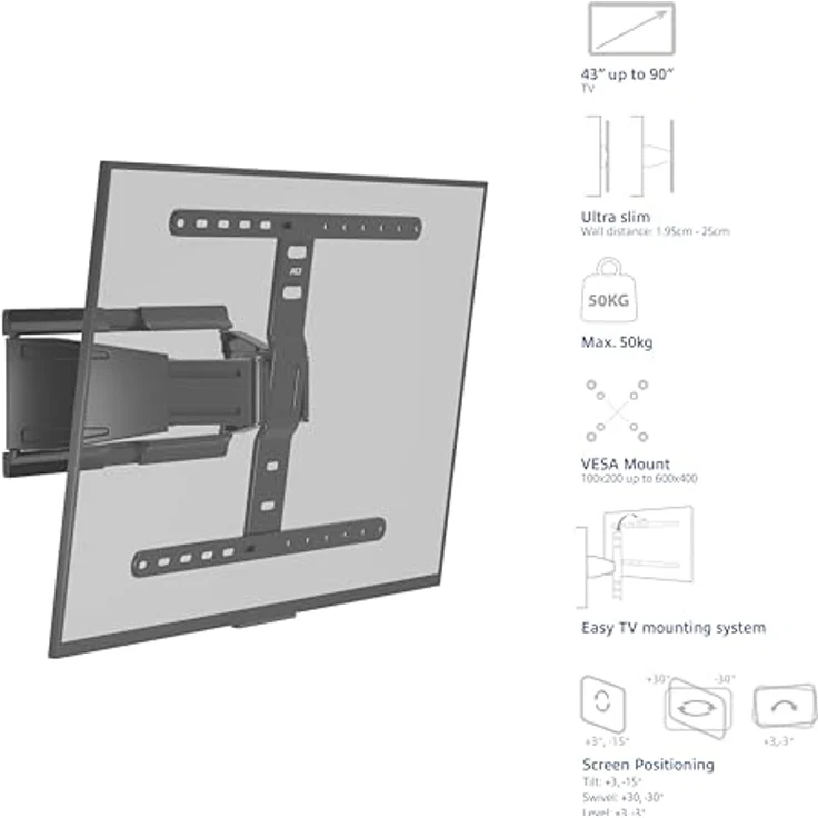 ACT AC8357, TV Wandhalterung schwenkbar für 43-90 Zoll Fernseher, ultraflach 1,95-25 cm, VESA 600x400, neigbar ±15°, schwenkbar ±30°, max. 50kg – Bild 4