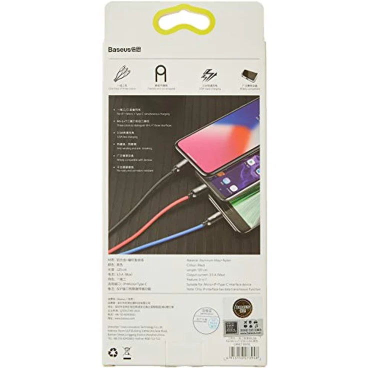 Baseus Rapid 3in1 USB-Kabel, USB-C / Lightning / Micro, 3A, 1,2m, schwarz, langlebig mit Nylongeflecht und Aluminiumsteckern – Bild 3