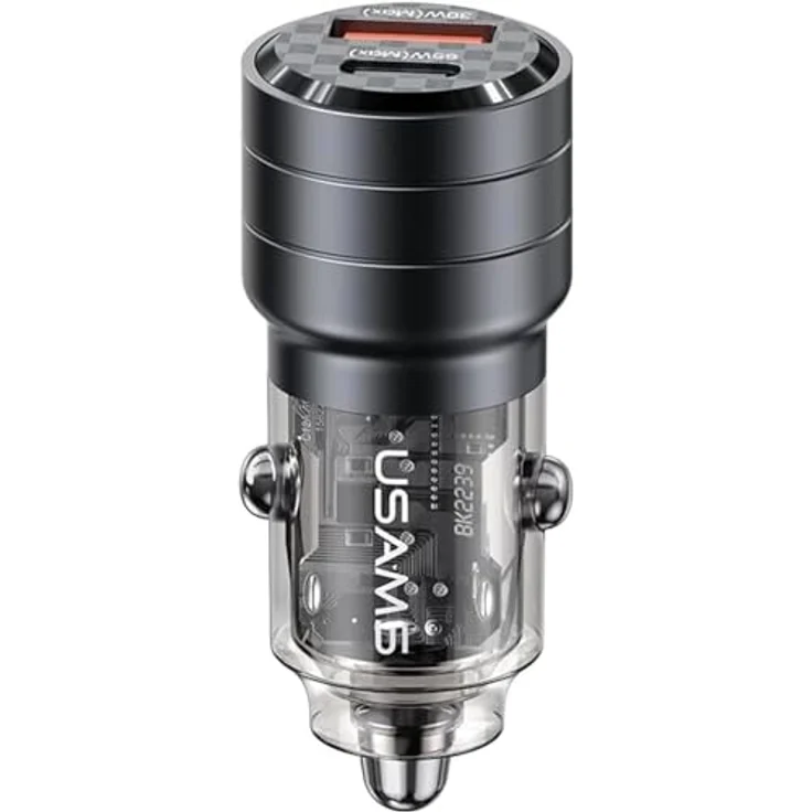 Usams Autoladegerät Mini US-CC176 Dualer USB-Anschluss und Typ-C, Schnellladung, 95 W, Transparent / Schwarz – Bild 3