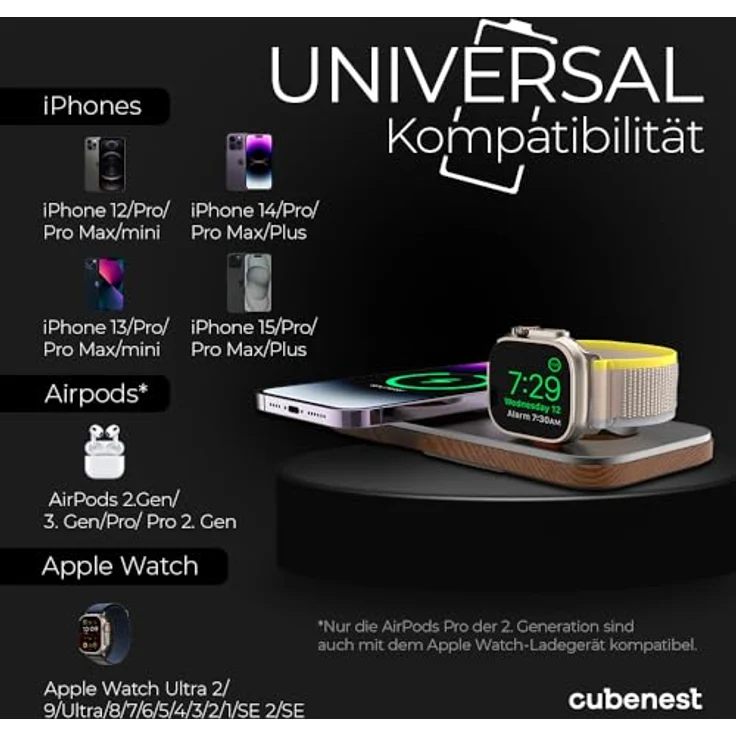 CubeNest Cubenest 2in1 Magnetisches kabelloses Ladegerät Kompatibel mit MagSafe Technologie - Schnellladefunktion Kompatibel mit Apple Watch 7-9 und Ultra 1-2, iPhone 12-15, AirPods 2/3/Pro, Qi-Geräte (Silver) – Bild 4
