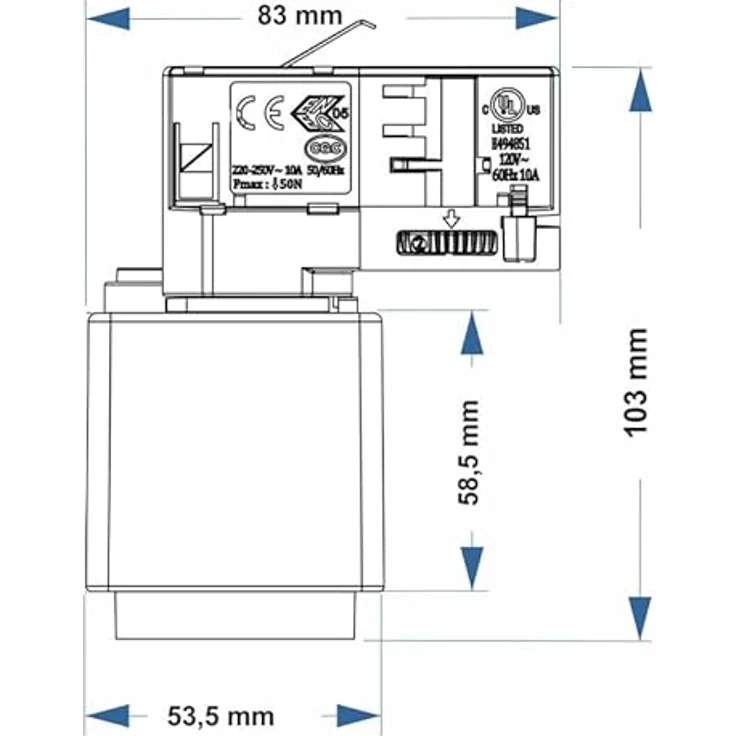 Licht-Zubehoer.de Universal Steckdose für 3-Phasen Stromschiene, kompatibel mit EUTRAC, GLOBAL, IVELA, Schwarz, 220-240V AC/50-60Hz, 6,3 A, 1300 Watt – Bild 3