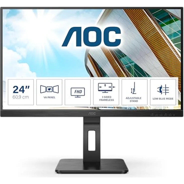 AOC 24P2QM - 24 Zoll FHD Monitor, höhenverstellbar (1920x1080, 75 Hz, VA Panel, VGA, DVI, HDMI, DisplayPort, USB Hub), schwarz – Bild 2