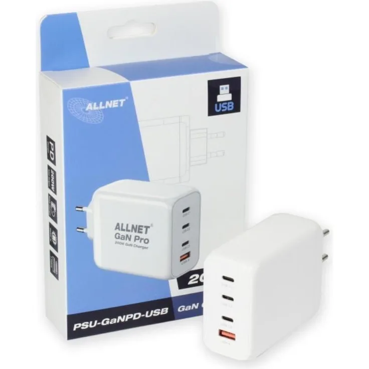 Allnet QC USB-C PD GaN Netzteil Power Supply 200 Watt, 1x USB Typ-A QC, 3x USB Typ-C, leistungsstarkes Ladegerät für Smartphones, Tablets und Laptops