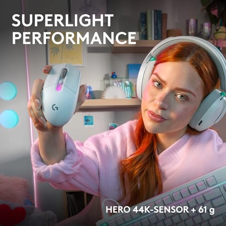LOGITECH G305 X SUPERLIGHT Gaming-Maus, kabellos, HERO 44K-Sensor, 60 g, weiß, RGB-Beleuchtung – Bild 3