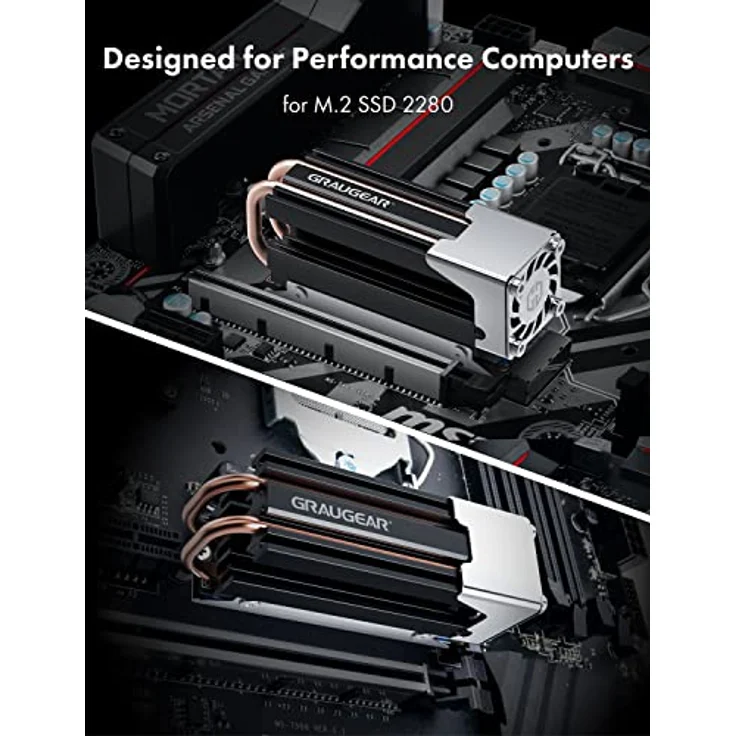 GRAUGEAR | Heatpipe Kühler mit Lüfter | Kühlköper für M.2 NVMe (2280) | aktive | 25mm PWM-Lüfter | geräuscharm | 4xWärmeleitpads | Kupfer-Heatpipe | Aluminium | G-M2HS03-F – Bild 3