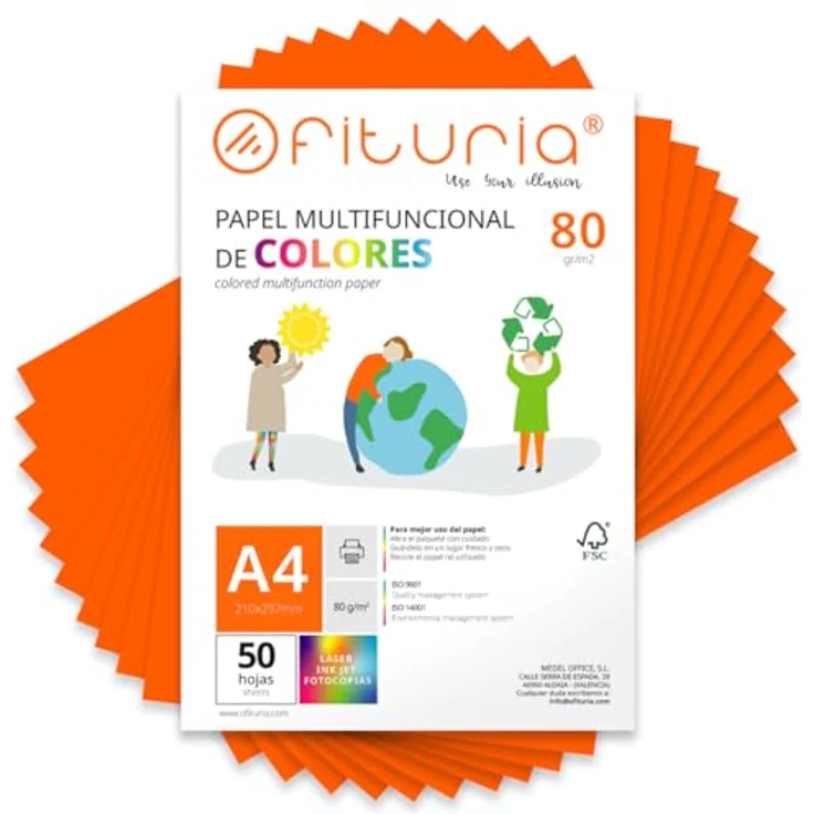 OFITURIA Buntes Papier A4, 50 Blatt 80g, Neonorange – Farbiges Druckerpapier für Basteln und Scrapbooking – Bild 1