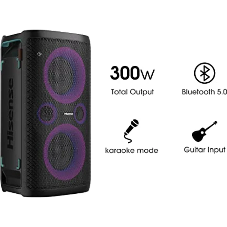 Hisense HP 110 Party Rocker One Plus- Tragbarer Party Lautsprecher mit Karaoke Modus inkl. 2 Mikrofone, 300 W Klangvolumen, DJ Effekte, kabelloses Laden, 5 Lichteffekte, bis zu 15h Akkulaufzeit, IPX4, Schwarz – Bild 5