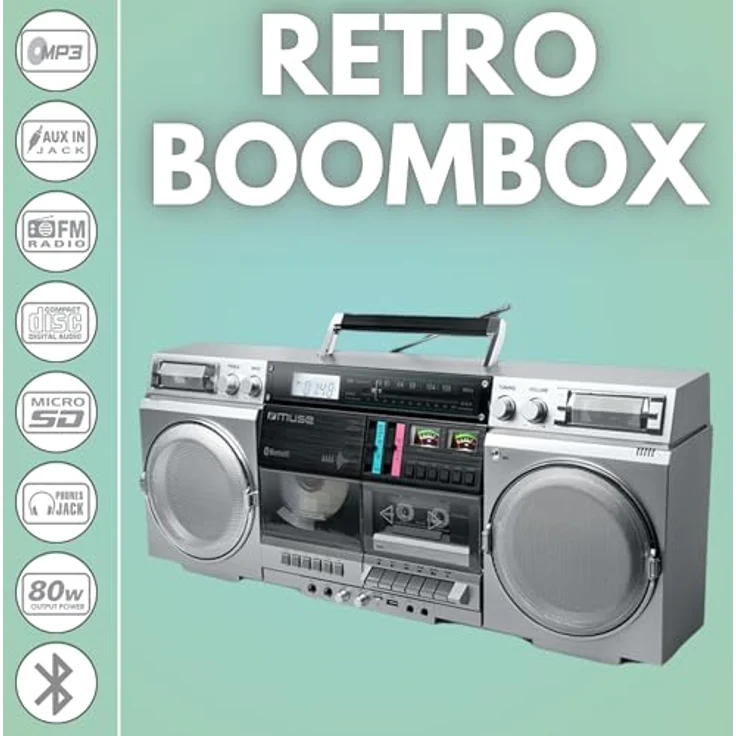 MUSE M-380GBS Retro Kassetten Boombox mit CD-Player, AUX und Bluetooth, Smartphone kompatibel, Kassettenrekorder cooles vintage Design, 80 Watt Lautsprecher – Bild 2