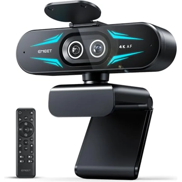 EMEET C60E, Dual-Kamera 4K-Webcam mit 11-fachem Hybrid-Zoom, Weitwinkel- und Teleobjektiv, RGB-Beleuchtung, 2 Mikrofone, Fernbedienung, ideal für Livestreaming