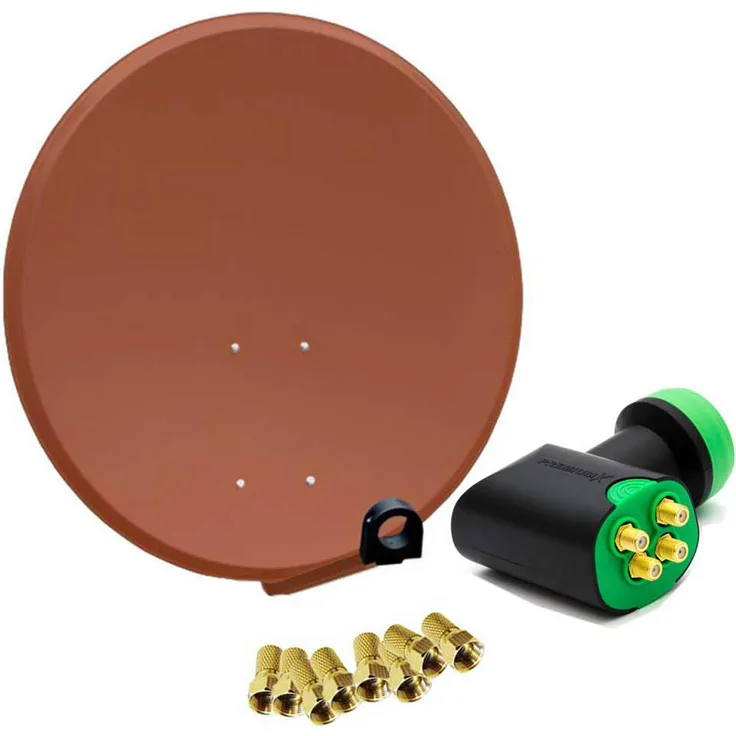 PremiumX PXS80, 80 cm Satellitenantenne in Ziegelrot mit GreenDiamond Quad LNB und 8x F-Stecker, HDTV, UltraHD, 4K, 3D tauglich
