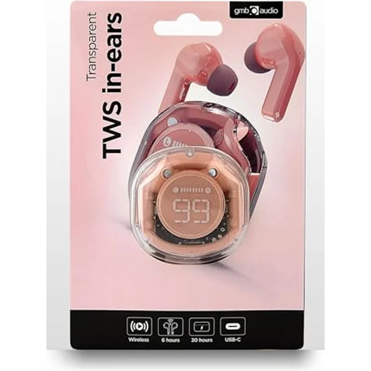 Gembird Transparent TWS In-Ear Kopfhörer, kabellos, Bluetooth, mit Mikrofon, pink – Bild 3