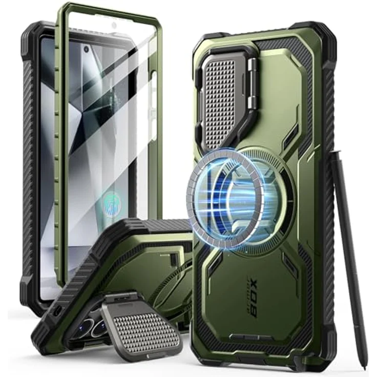 i-Blason Armorbox für Samsung Galaxy S25 Ultra, MagSafe Hülle mit Kameraschutz, 360° robustem Displayschutz und integriertem Ständer, Grün – Bild 1