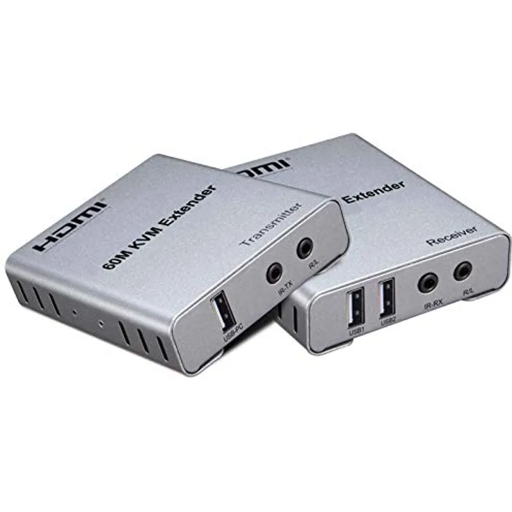 PremiumCord HDMI KVM Extender mit 2xUSB bis zu 60m mit Audio über Patchkabel Cat5 / Cat6, Metallgehäuse, Kompatibel mit Full HD 1080p 60Hz