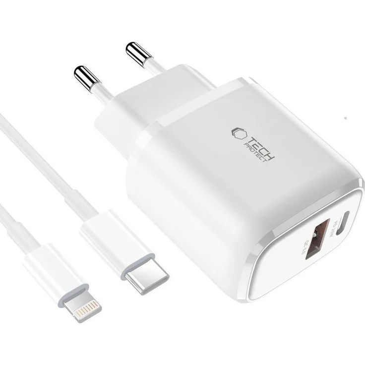 Tech-Protect C20W Ladegerät mit USB-C PD 20W & USB-A QC3.0, inkl. iPhone-Kabel, Weiß