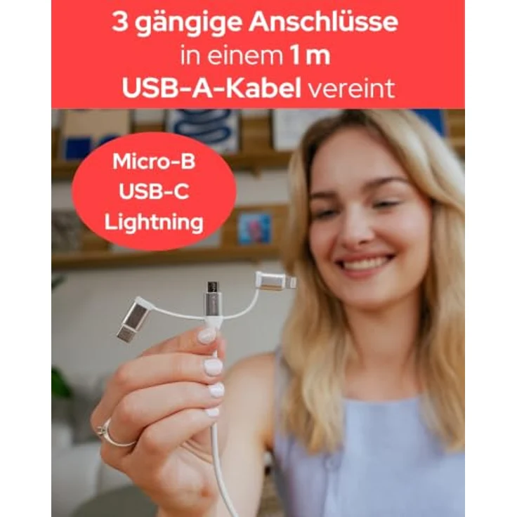 Verbatim USB-Kabel Essentials 3in1, USB 2.0, USB-A/USB-B/C & Lightning, 480Mbit/s, 18W QC, TPE, weiss, 1,0m – Bild 3