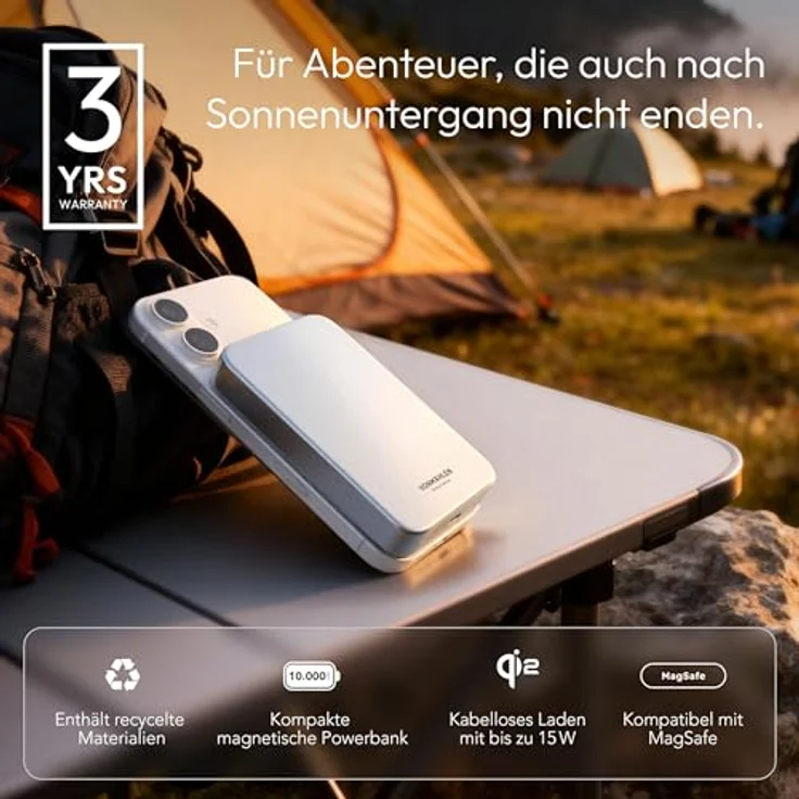 VONMÄHLEN Evergreen Mag 10.000 mAh Qi2-Powerbank, kabelloses Laden mit 15W, kompatibel mit MagSafe, 20W USB-C Power Delivery, langlebiger LCO-Akku, 14,3 mm dünn, Weiß – Bild 2