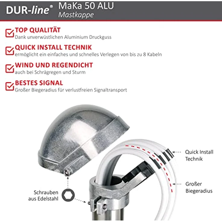 DUR-line MaKa 50 ALU Mastkappe für Antennenmast Durchmesser: 48-52 mm mit Kabeldurchführung – Bild 3