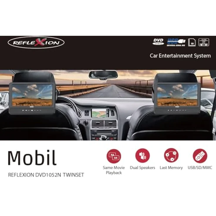 Reflexion DVD1052N, Portabler DVD-Player mit 10 Zoll Monitoren, Akku, USB, 12V Auto-Adapter und Kopfstützenhalterung – Bild 7
