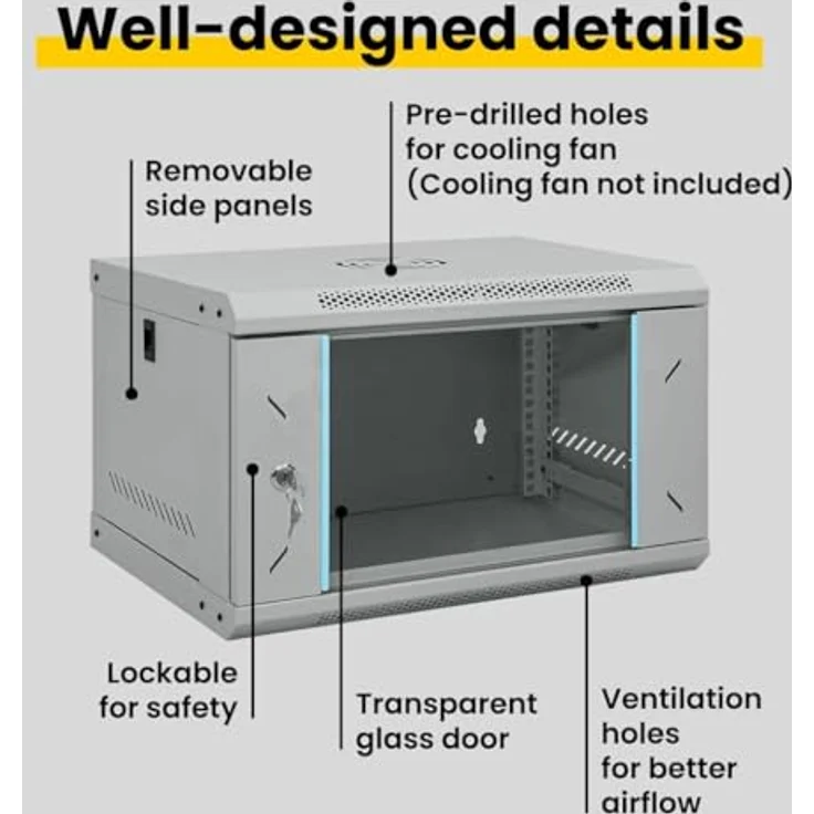 vidaXL Netzwerkschrank mit Speicher, Grau, 53 x 45 x 30 cm, aus Stahl und Einscheibensicherheitsglas, für Büros und Wohnräume – Bild 4