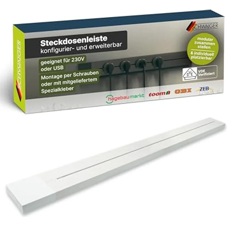 SCHWAIGER Konfigurierbare Steckdosenleiste 75 cm in Weiß, modulare Stromschiene im Alu-Design, individuell einstellbar, VDE geprüft für Küche, Büro & Werkstatt – Bild 1