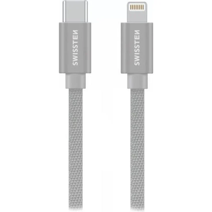 Swissten Textile USB-C auf Lightning Datenkabel, 2,0 m, silber, 3 A Stromstärke, 480 Mb/s Datenübertragung