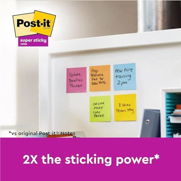 Post-it Notes Super Sticky Haftnotizblock, 76x76mm, 90 Blatt, 12 Stück, ultragelb, paradiseblau, limonengrün, powerpink, vitalorange – Bild 2