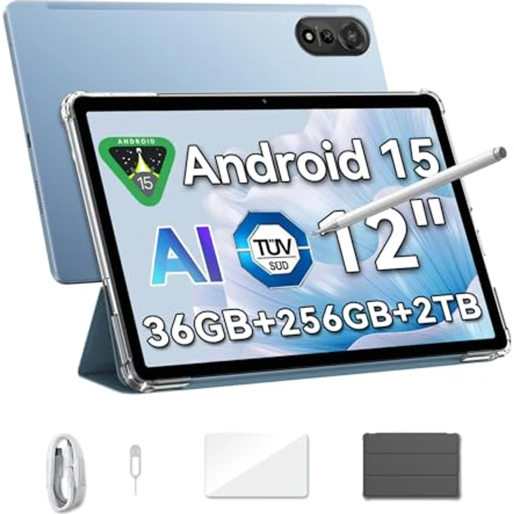 Blackview Mega2 Tablet 12 Zoll, Android 15 mit 36GB RAM+256GB ROM(2TB TF), 2K FHD Display, Dual 4G LTE+5G, Octa Core T615, 9000mAh Akku, Dual Kamera, GPS/Face ID, Blau – Bild 1