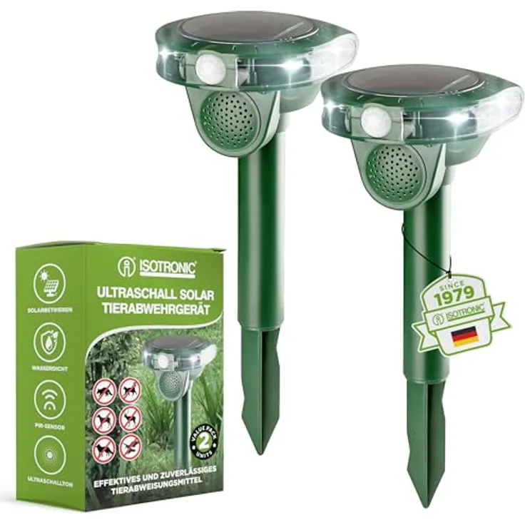 ISOTRONIC Ultraschall Solar Tiervertreiber, Katzenschreck, Hundeschreck, Wildtiere | 5m Reichweite je Gerät | einstellbare Frequenz | 2er Pack